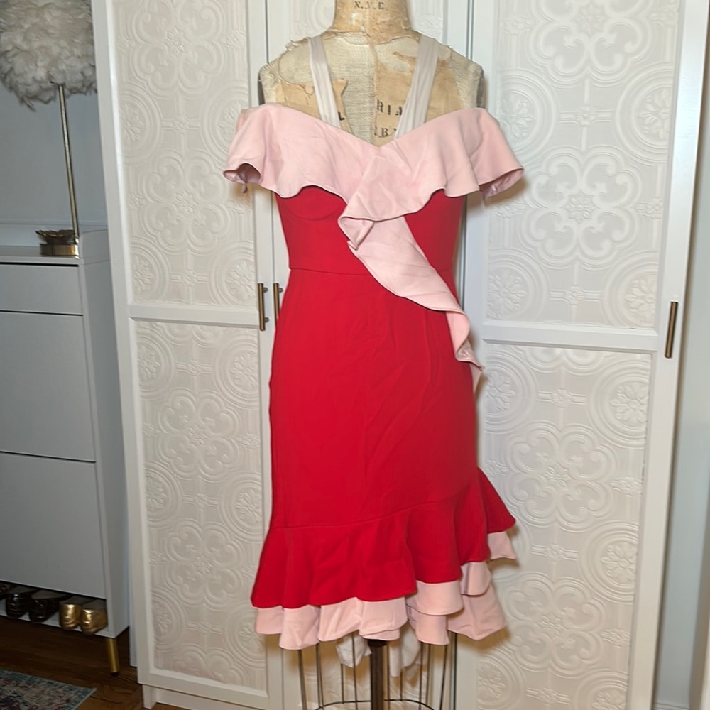 Two tone of the shoulder cocktail dress w ruffle details. Aidan by Aidan Mattox